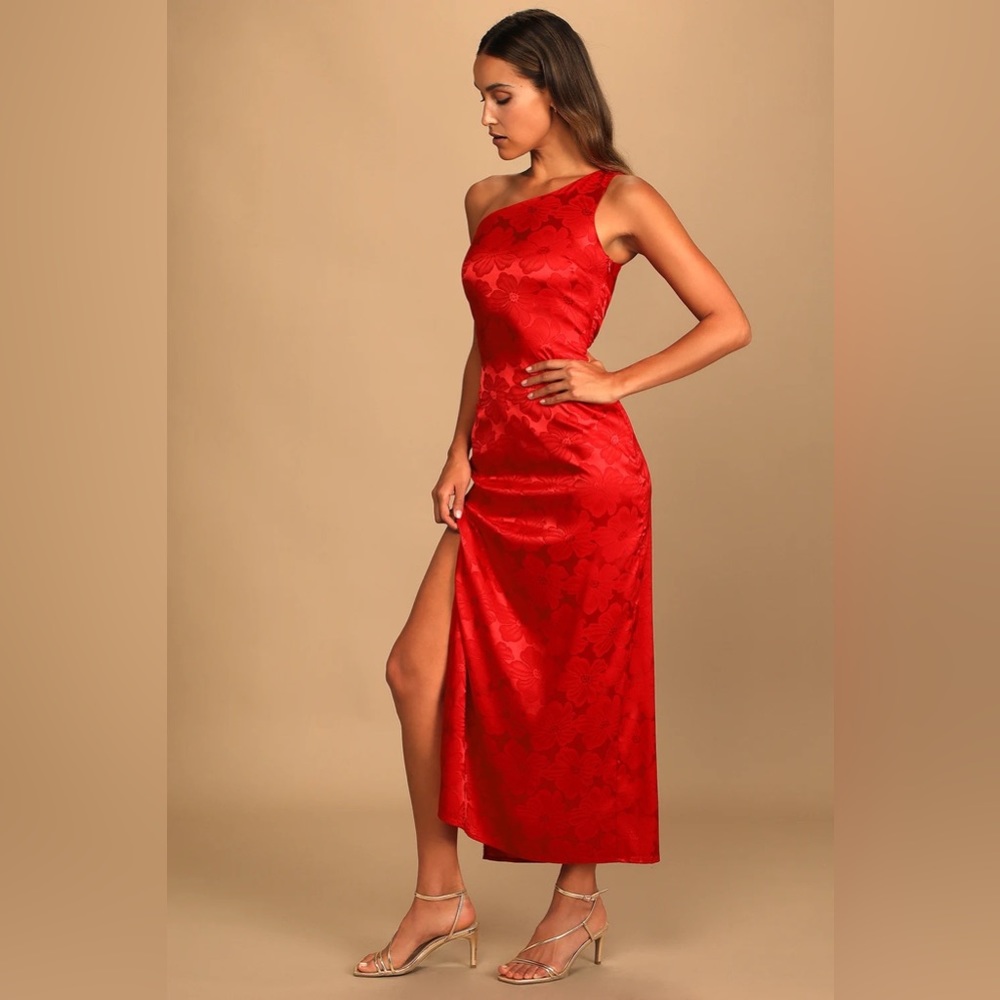 Chasing Desire Red Satin Jacquard One-Shoulder Maxi Dress